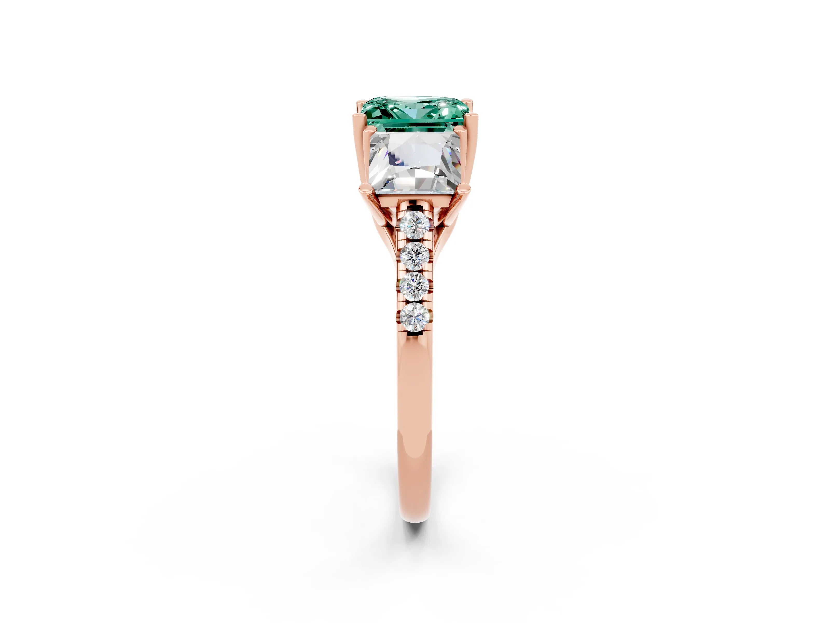 Rose gold Three-Stone Princess Cut Green Sapphire Ring with Round  Pavé Band and Prong Setting_26