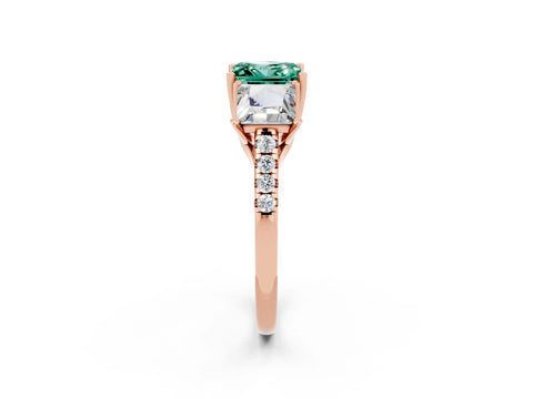 Rose gold Three-Stone Princess Cut Green Sapphire Ring with Round  Pavé Band and Prong Setting_26