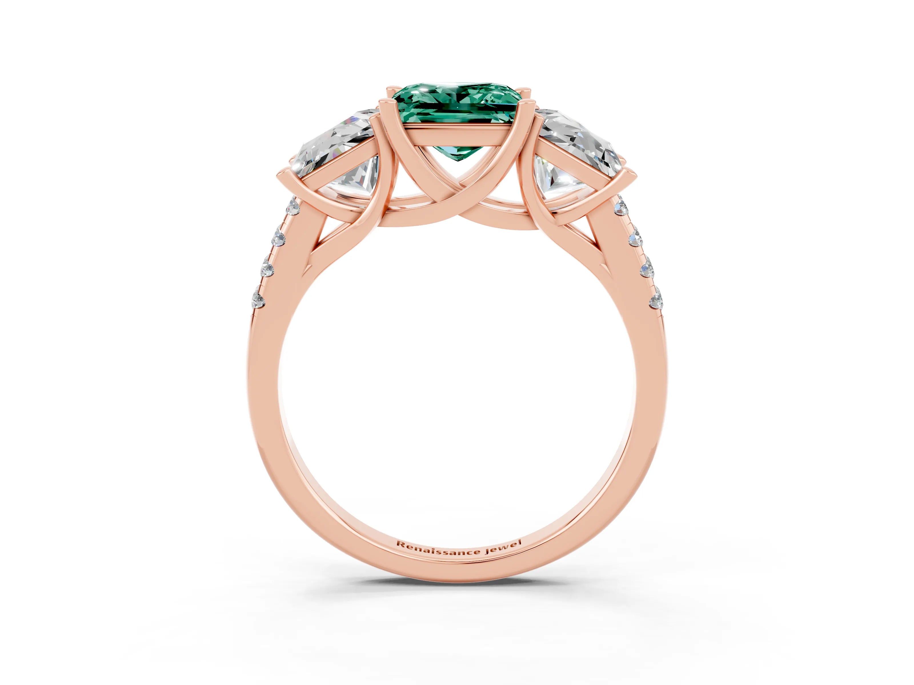Rose gold Three-Stone Princess Cut Green Sapphire Ring with Round  Pavé Band and Prong Setting_27