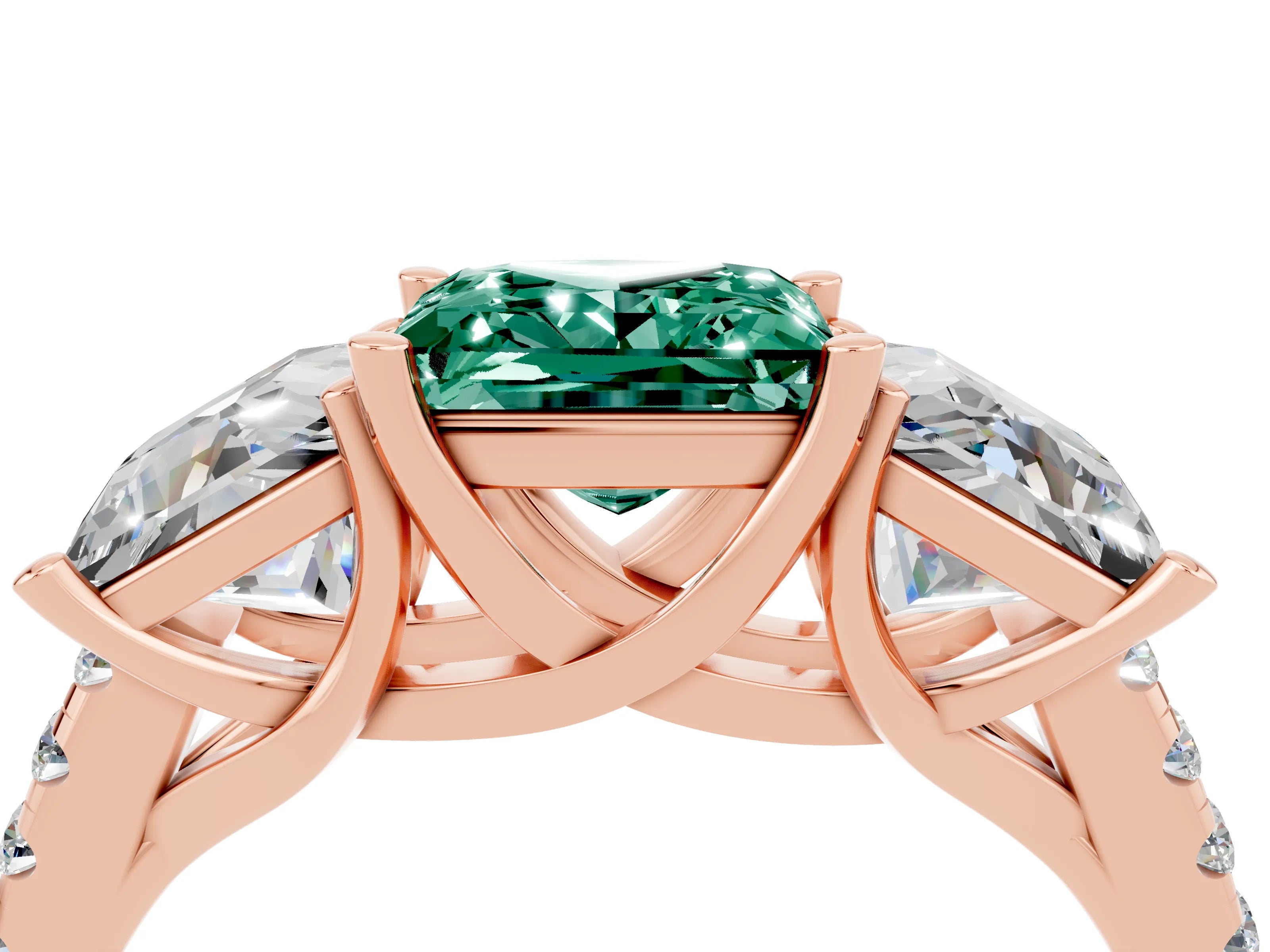 Rose gold Three-Stone Princess Cut Green Sapphire Ring with Round  Pavé Band and Prong Setting_28