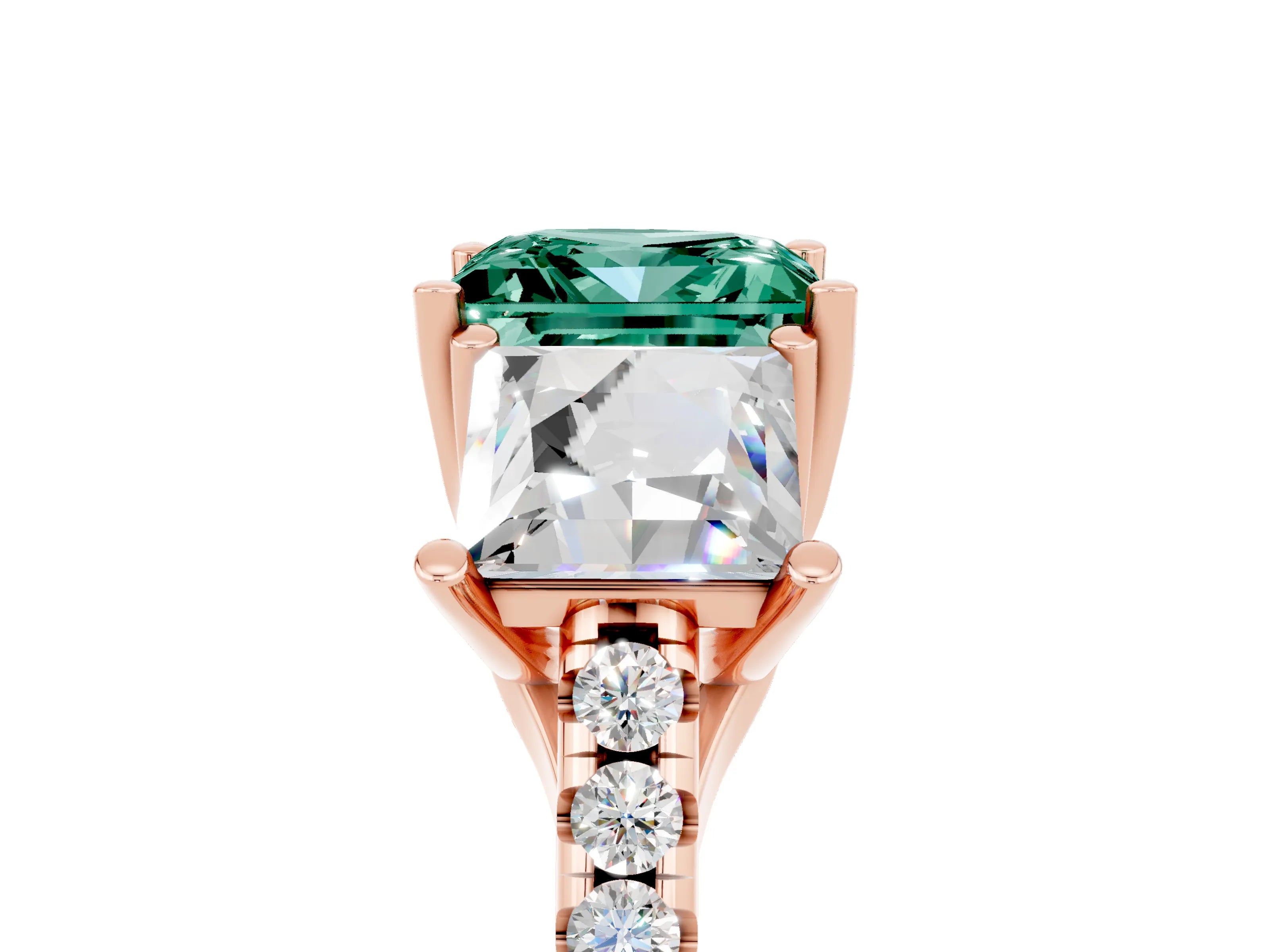 Rose gold Three-Stone Princess Cut Green Sapphire Ring with Round  Pavé Band and Prong Setting_29