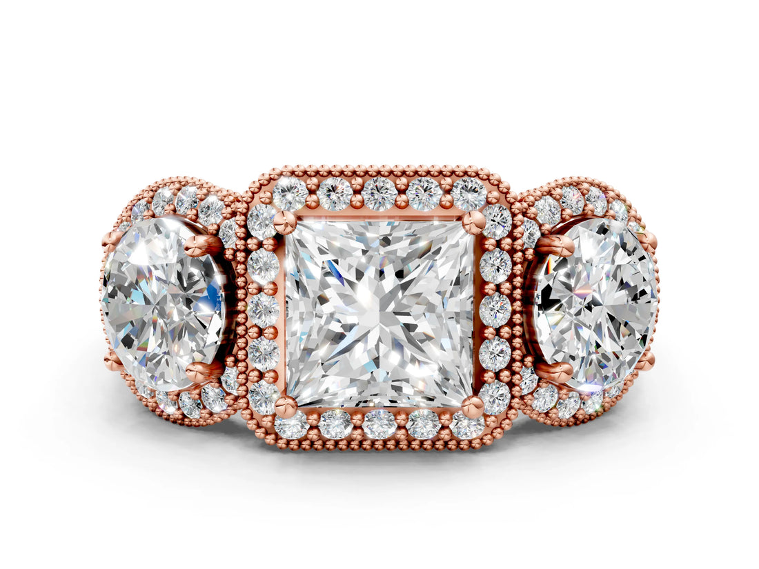 Rose gold Three-Stone Princess Cut Halo Diamond Milgrain Band with Four-Prong Setting_3