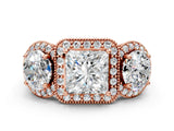 Rose gold Three-Stone Princess Cut Halo Diamond Milgrain Band with Four-Prong Setting_3