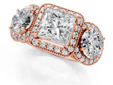 Rose gold Three-Stone Princess Cut Halo Diamond Milgrain Band with Four-Prong Setting_4