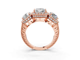 Rose gold Three-Stone Princess Cut Halo Diamond Milgrain Band with Four-Prong Setting_6