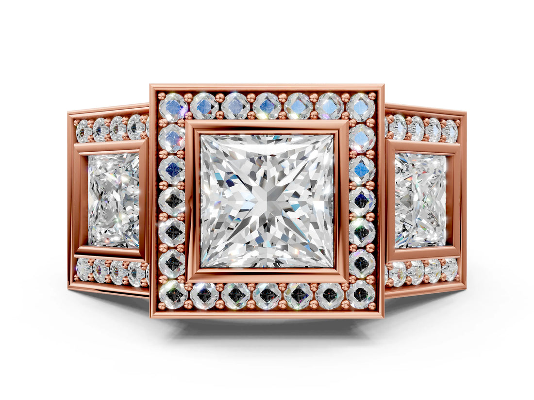 Rose gold Three-Stone Princess Cut Halo Pavé Diamond Ring_3