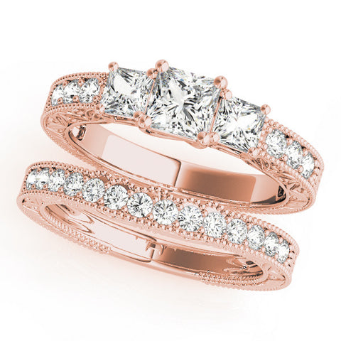 Rose gold Three-Stone Princess Cut Milgrain Pavé Engagement Ring 1