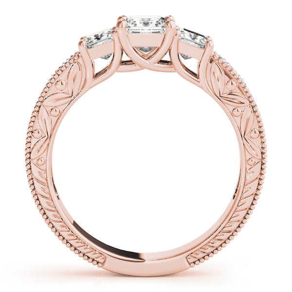Rose gold Three-Stone Princess Cut Milgrain Pavé Engagement Ring 2