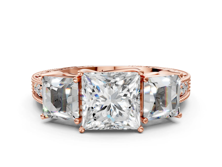 Rose gold Three-Stone Princess Cut Milgrain Pavé Engagement Ring