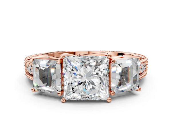 Rose Gold Princess Cut Vintage Three Stone Engagement Ring Setting with Milgrain Pave Band
