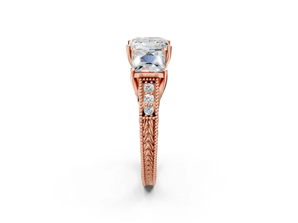 Rose Gold Princess Cut Vintage Three Stone Engagement Ring Setting with Milgrain Pave Band