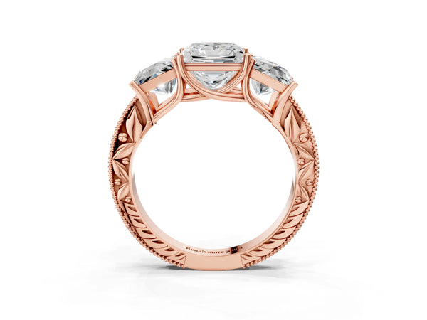 Rose Gold Princess Cut Vintage Three Stone Engagement Ring Setting with Milgrain Pave Band