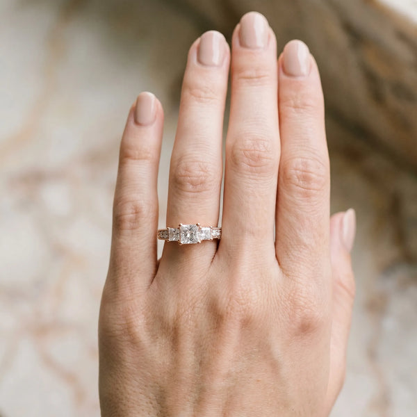 Rose gold Three-Stone Princess Cut Milgrain Pavé Engagement Ring