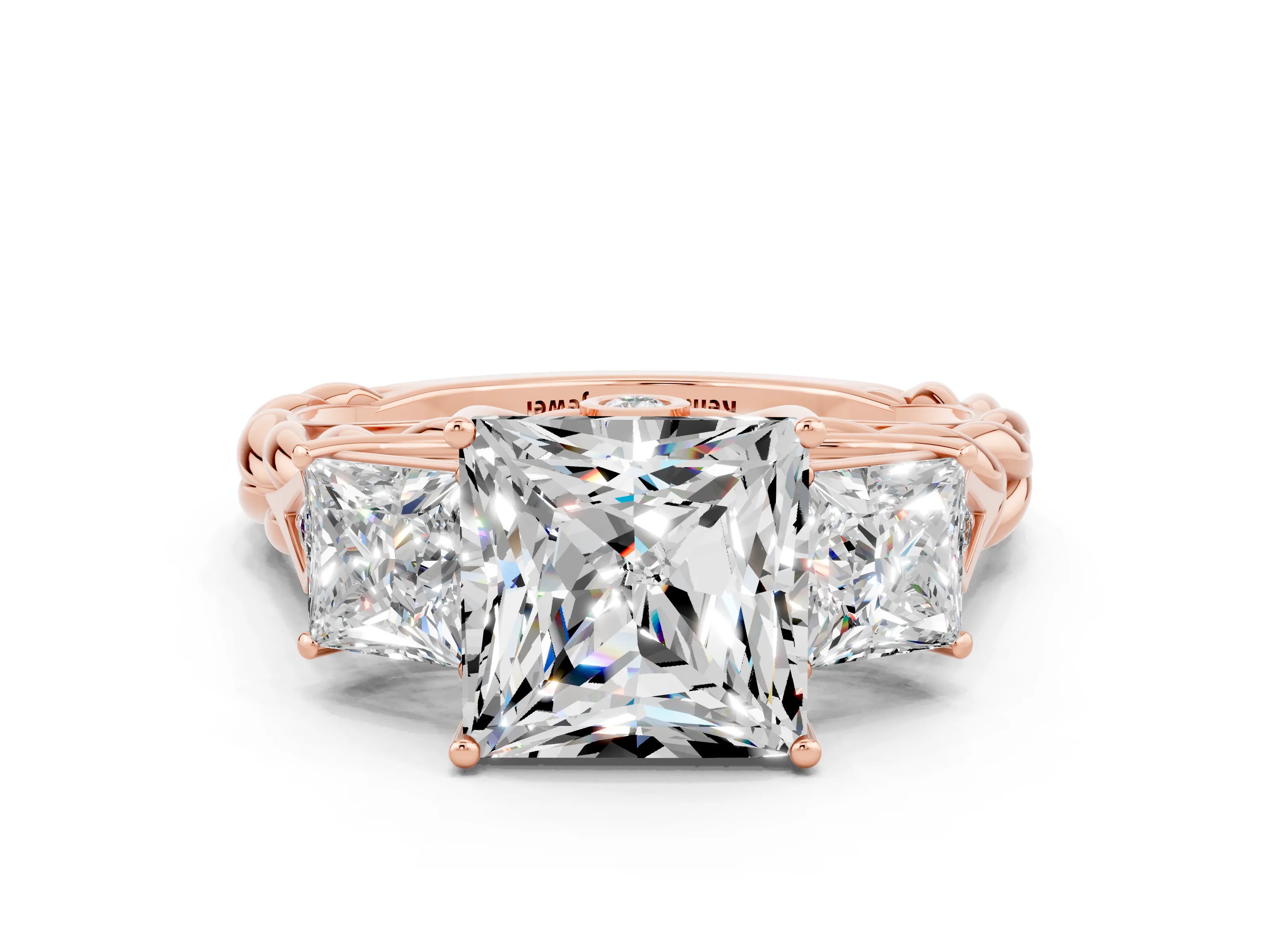 Rose gold Three-Stone Princess Cut Moissanite Braided Band Ring with Four-Prong Setting_24