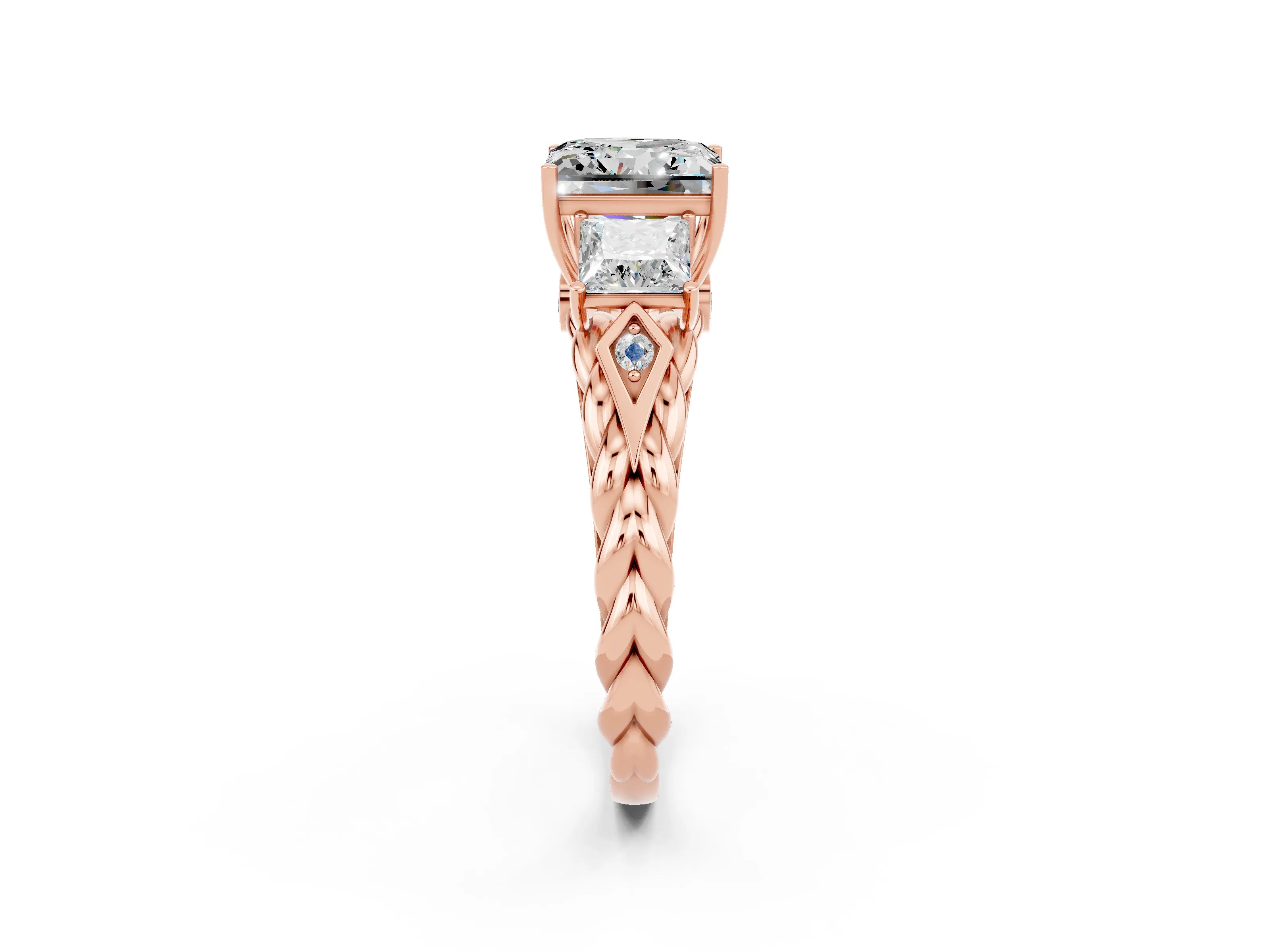 Rose gold Three-Stone Princess Cut Moissanite Braided Band Ring with Four-Prong Setting_26