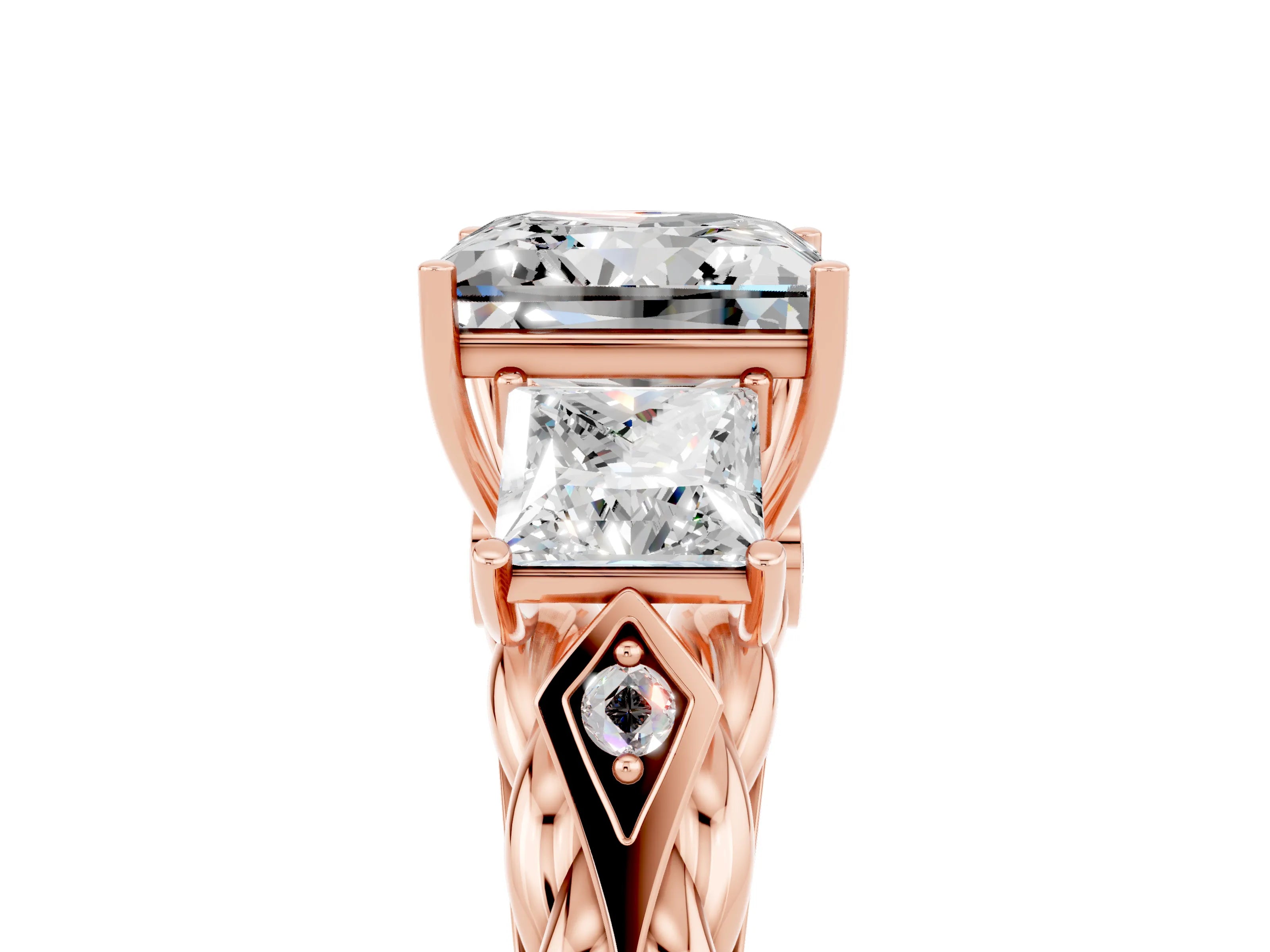 Rose gold Three-Stone Princess Cut Moissanite Braided Band Ring with Four-Prong Setting_29
