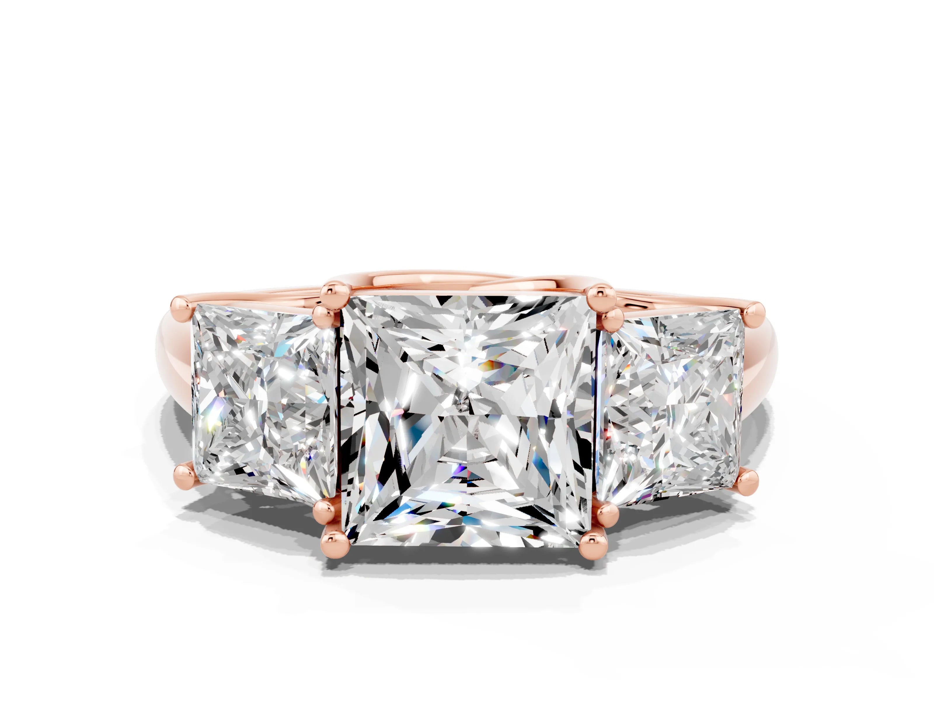 Rose gold Three-Stone Princess Cut Moissanite Engagement Ring with Prong Setting