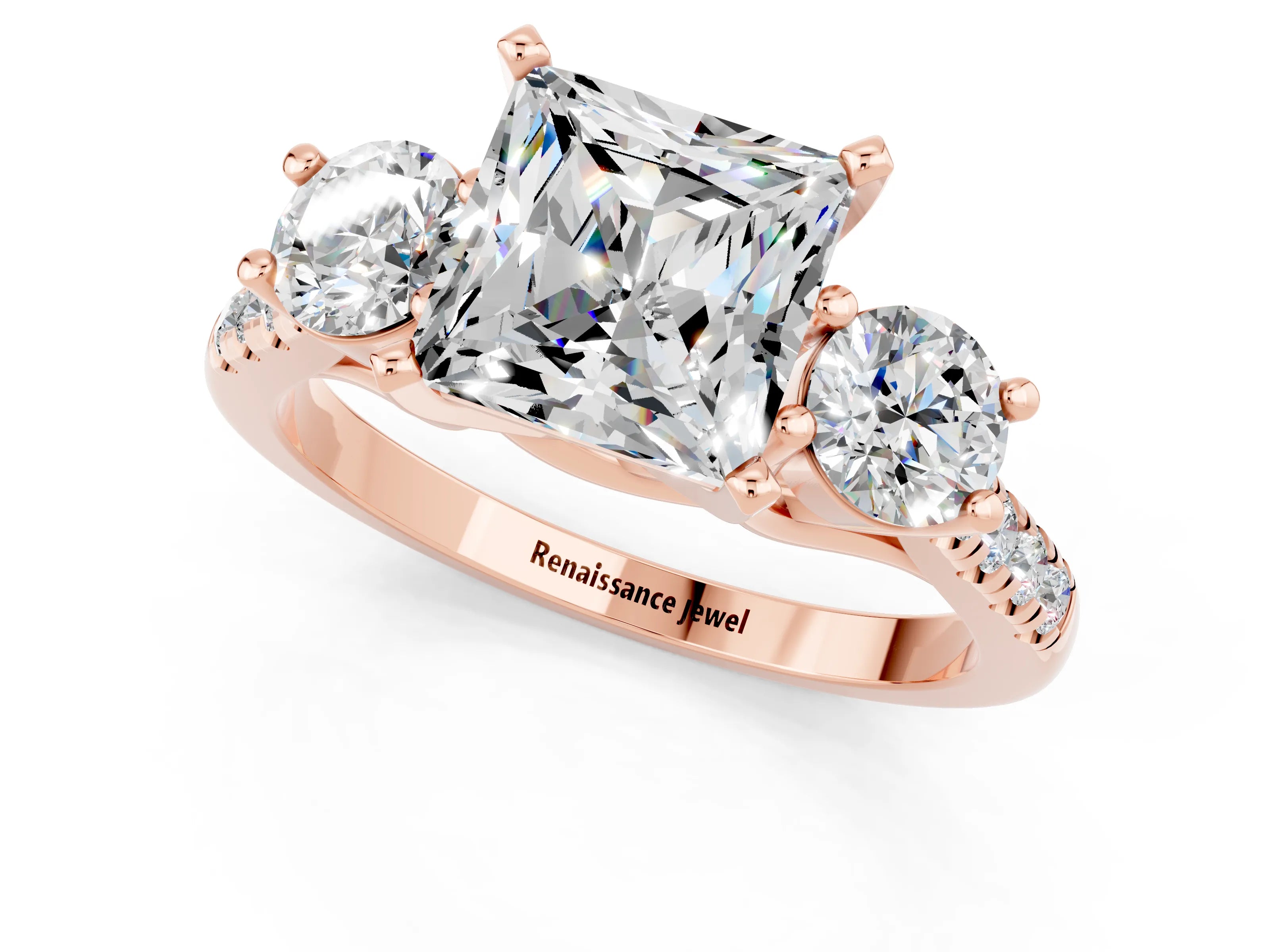 Rose gold Three-Stone Princess Cut Moissanite Pavé Band with Four-Prong Setting_1