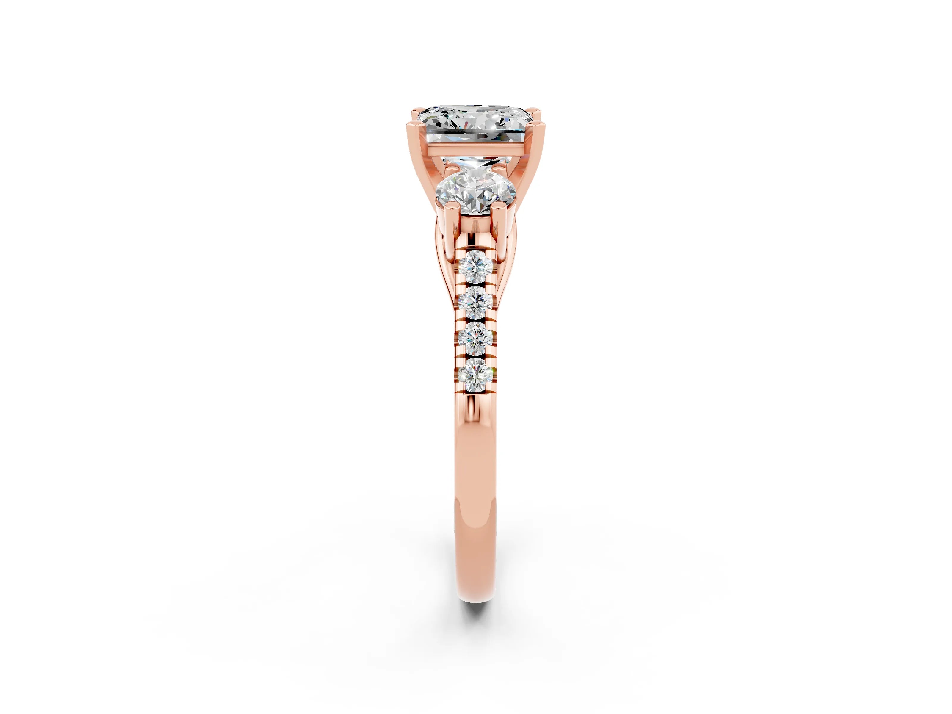 Rose gold Three-Stone Princess Cut Moissanite Pavé Band with Four-Prong Setting_2