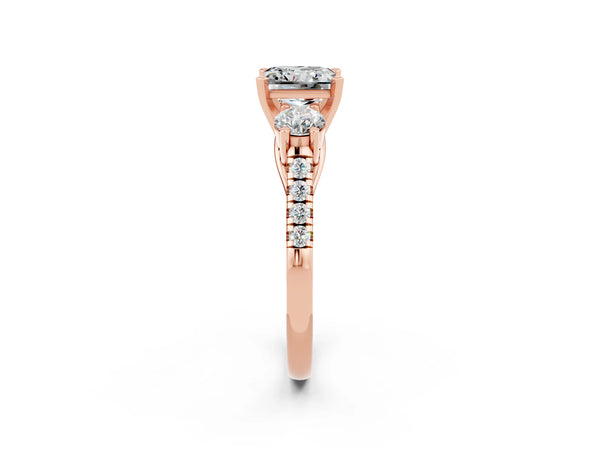 Rose gold Three-Stone Princess Cut Moissanite Pavé Band with Four-Prong Setting