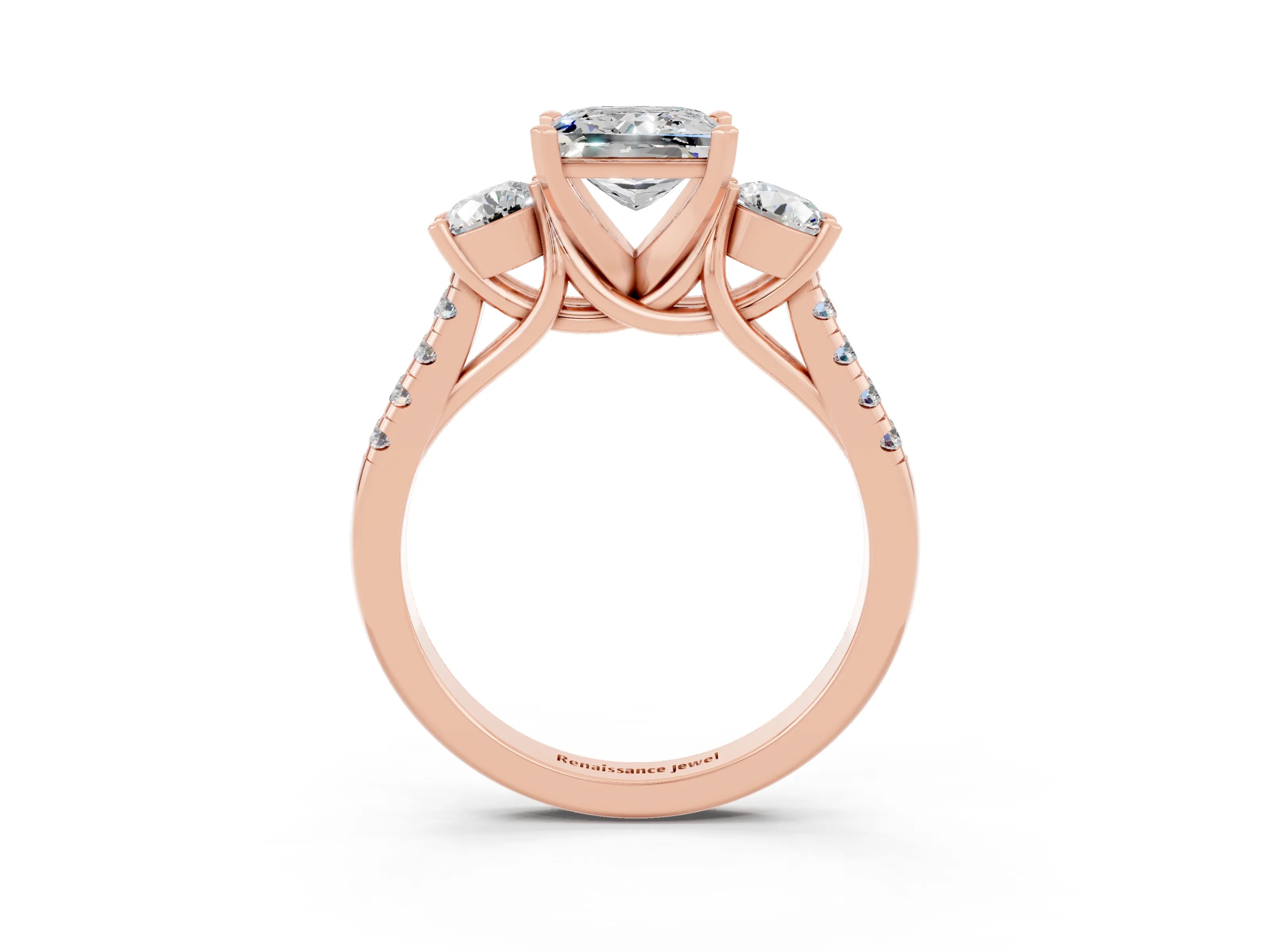 Rose gold Three-Stone Princess Cut Moissanite Pavé Band with Four-Prong Setting_3