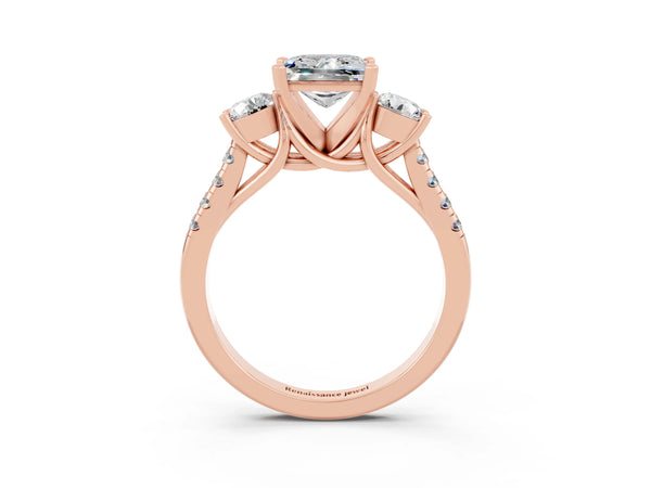 Rose gold Three-Stone Princess Cut Moissanite Pavé Band with Four-Prong Setting