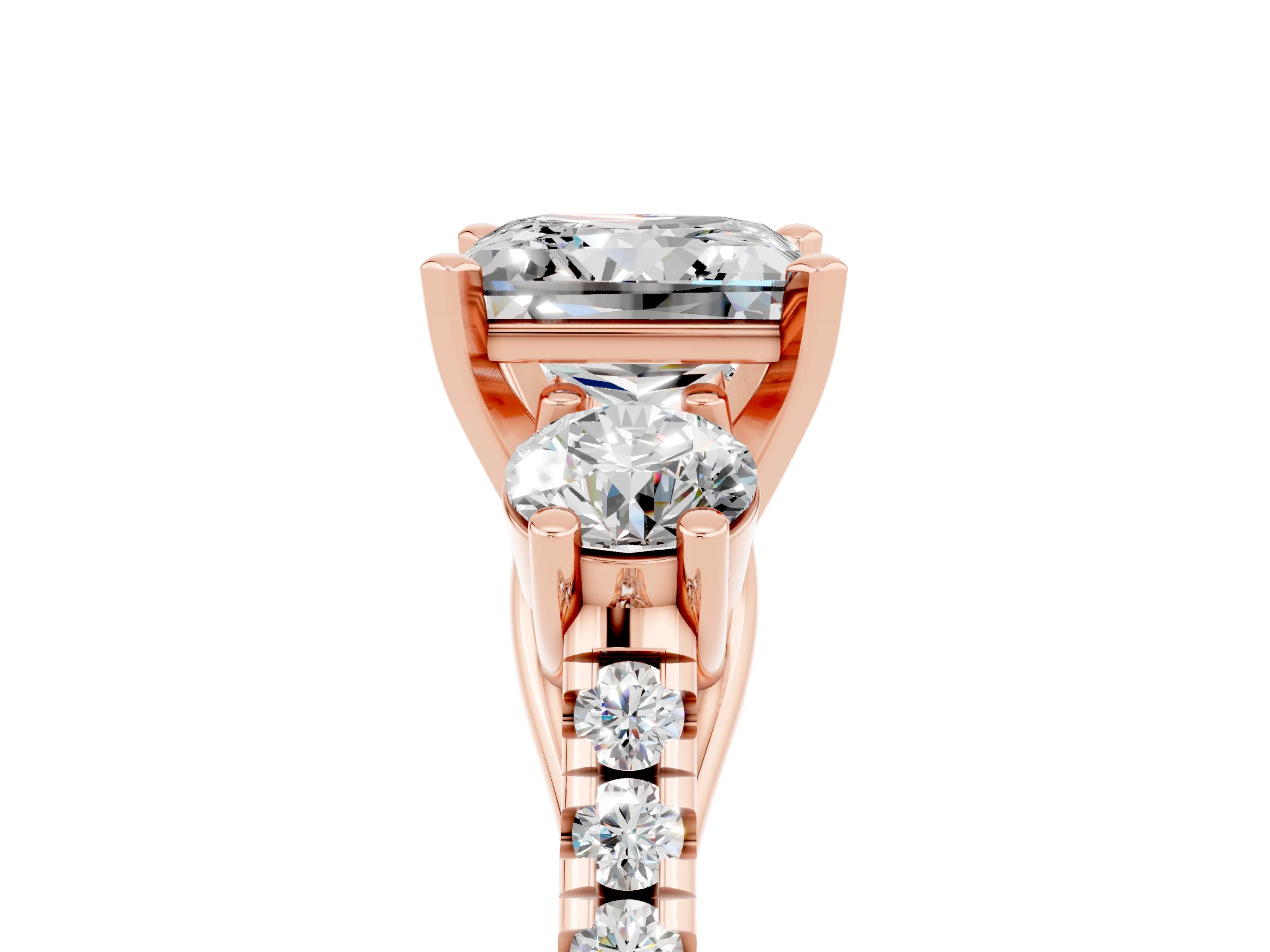 Rose gold Three-Stone Princess Cut Moissanite Pavé Band with Four-Prong Setting_5