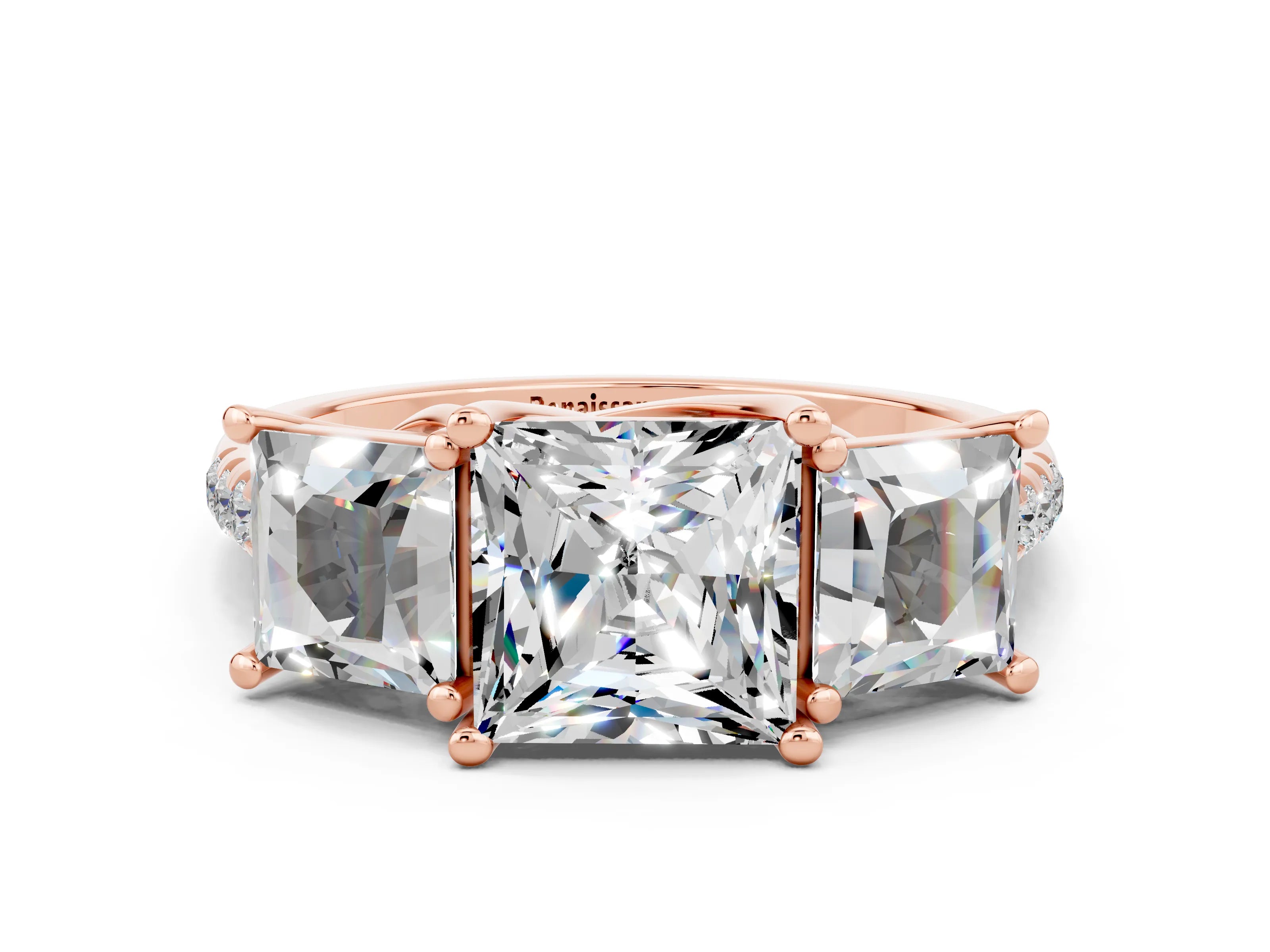 Rose gold Three-Stone Princess Cut Moissanite Ring with Pavé Band and Prong Setting_36