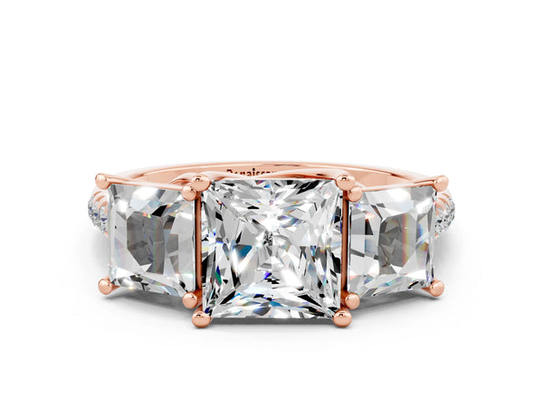 Rose gold Three-Stone Princess Cut Moissanite Ring with Round  Pavé Band and Prong Setting