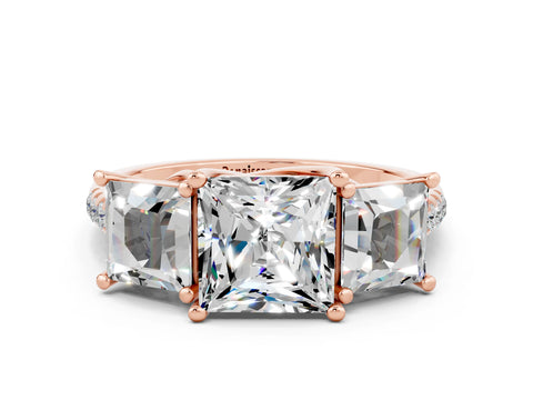 Rose gold Three-Stone Princess Cut Moissanite Ring with Pavé Band and Prong Setting_36