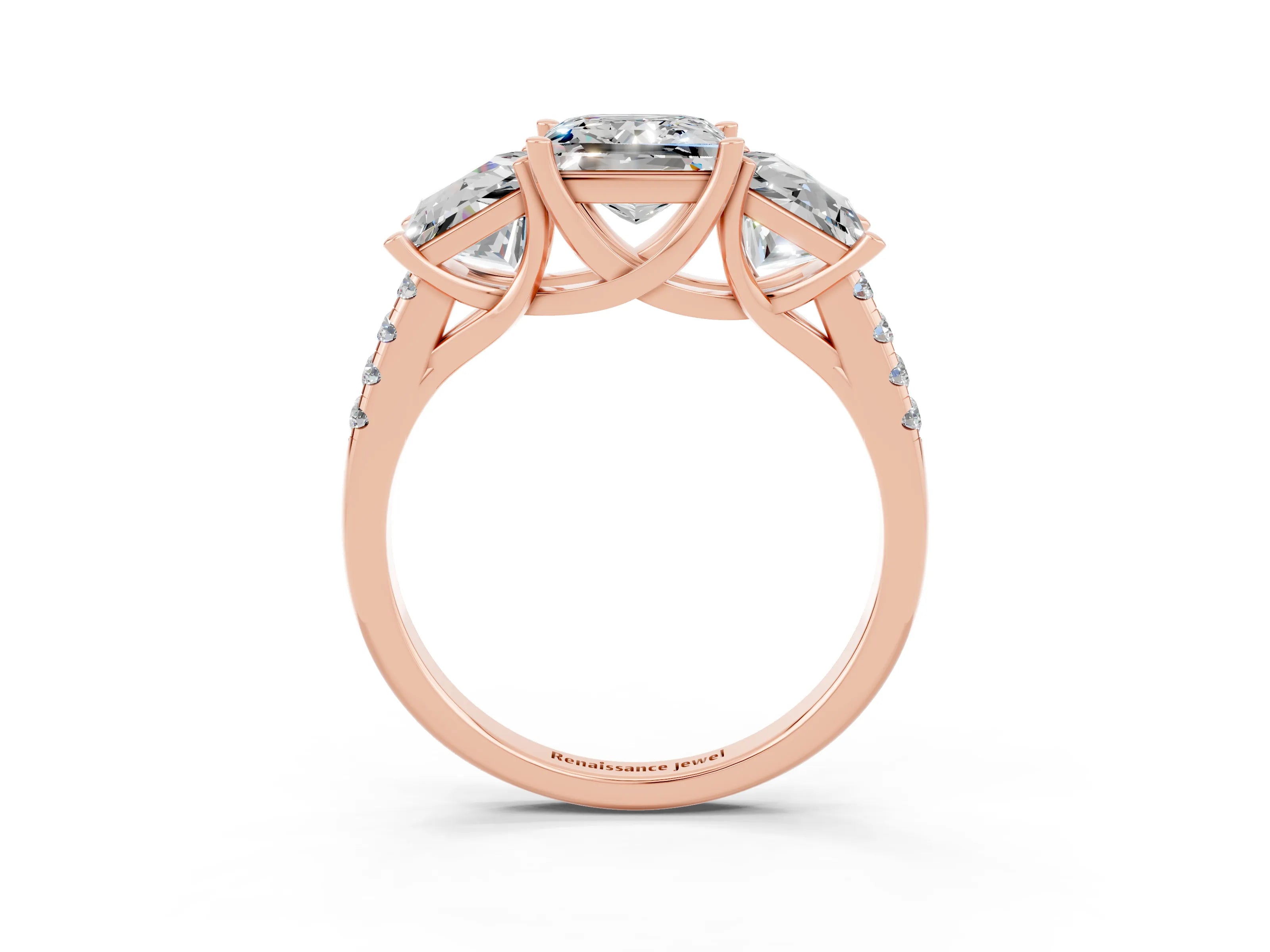 Rose gold Three-Stone Princess Cut Moissanite Ring with Pavé Band and Prong Setting_39