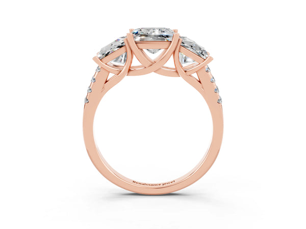 Rose gold Three-Stone Princess Cut Moissanite Ring with Round  Pavé Band and Prong Setting