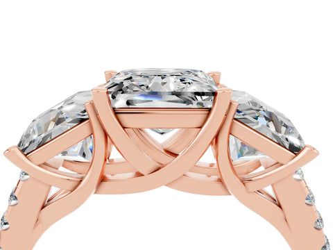 Rose gold Three-Stone Princess Cut Moissanite Ring with Pavé Band and Prong Setting_40