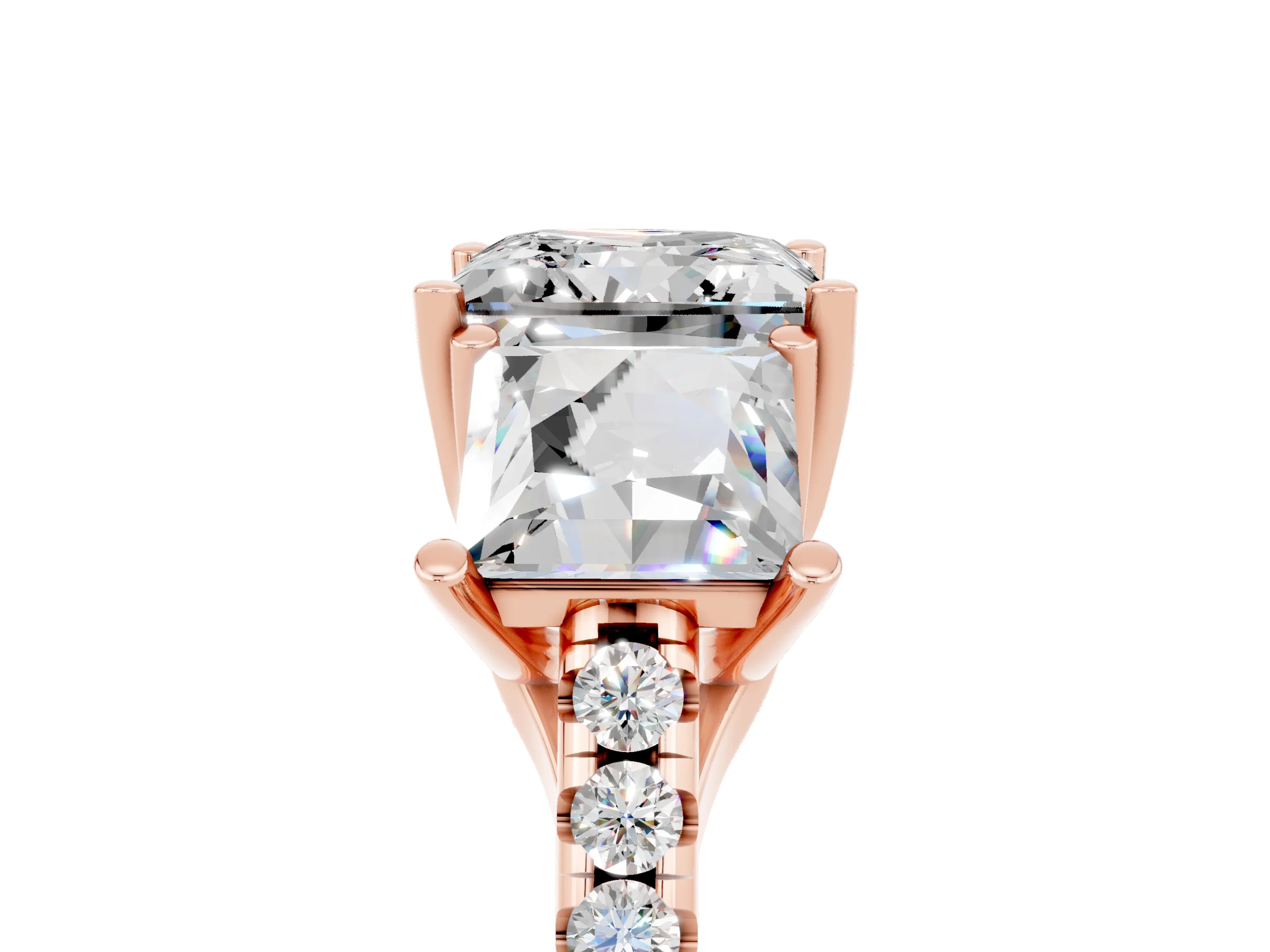 Rose gold Three-Stone Princess Cut Moissanite Ring with Pavé Band and Prong Setting_41