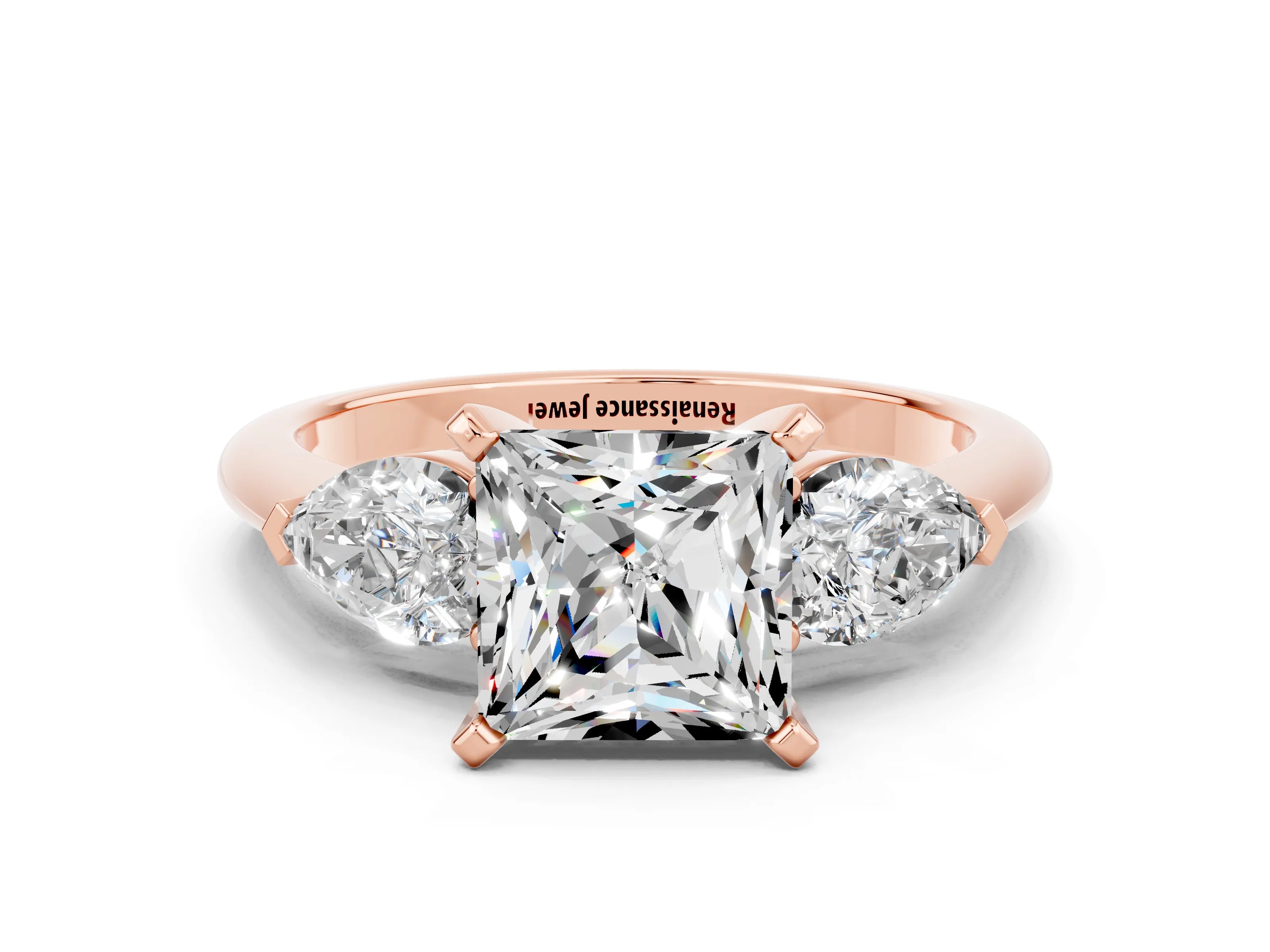 Rose gold Three-Stone Princess Cut Moissanite Ring with Pear Side Stones and Four-Prong Setting