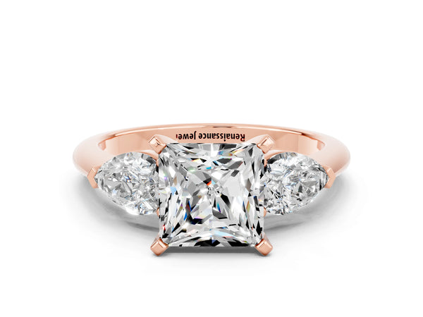 Rose gold Three-Stone Princess Cut Moissanite Ring with Pear Side Stones and Four-Prong Setting