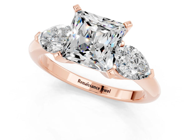 Rose gold Three-Stone Princess Cut Moissanite Ring with Pear Side Stones and Four-Prong Setting