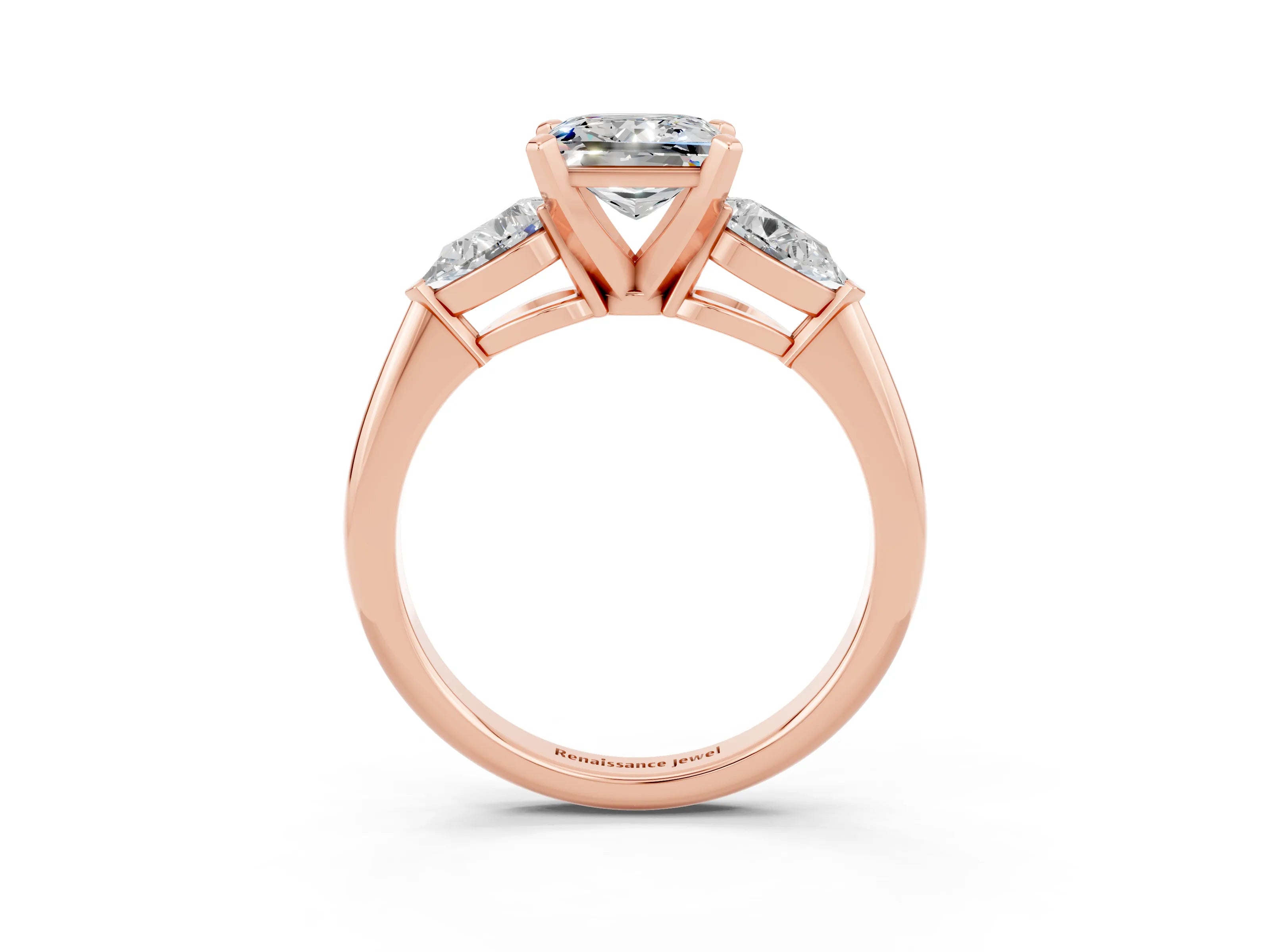 Rose gold Three-Stone Princess Cut Moissanite Ring with Pear Side Stones and Four-Prong Setting_3