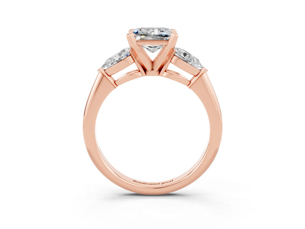 Rose gold Three-Stone Princess Cut Moissanite Ring with Pear Side Stones and Four-Prong Setting