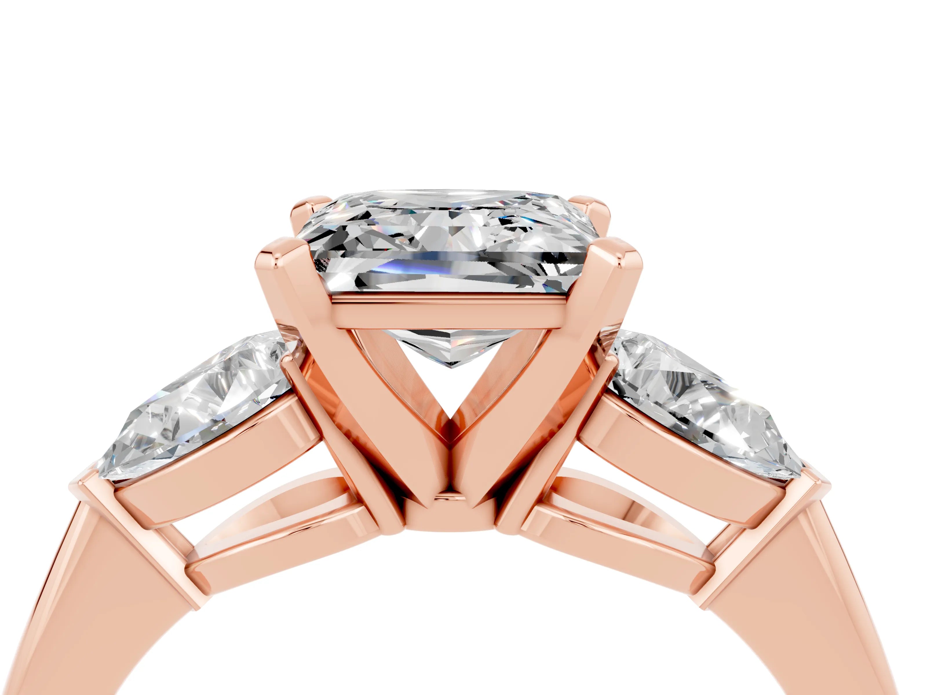 Rose gold Three-Stone Princess Cut Moissanite Ring with Pear Side Stones and Four-Prong Setting_4