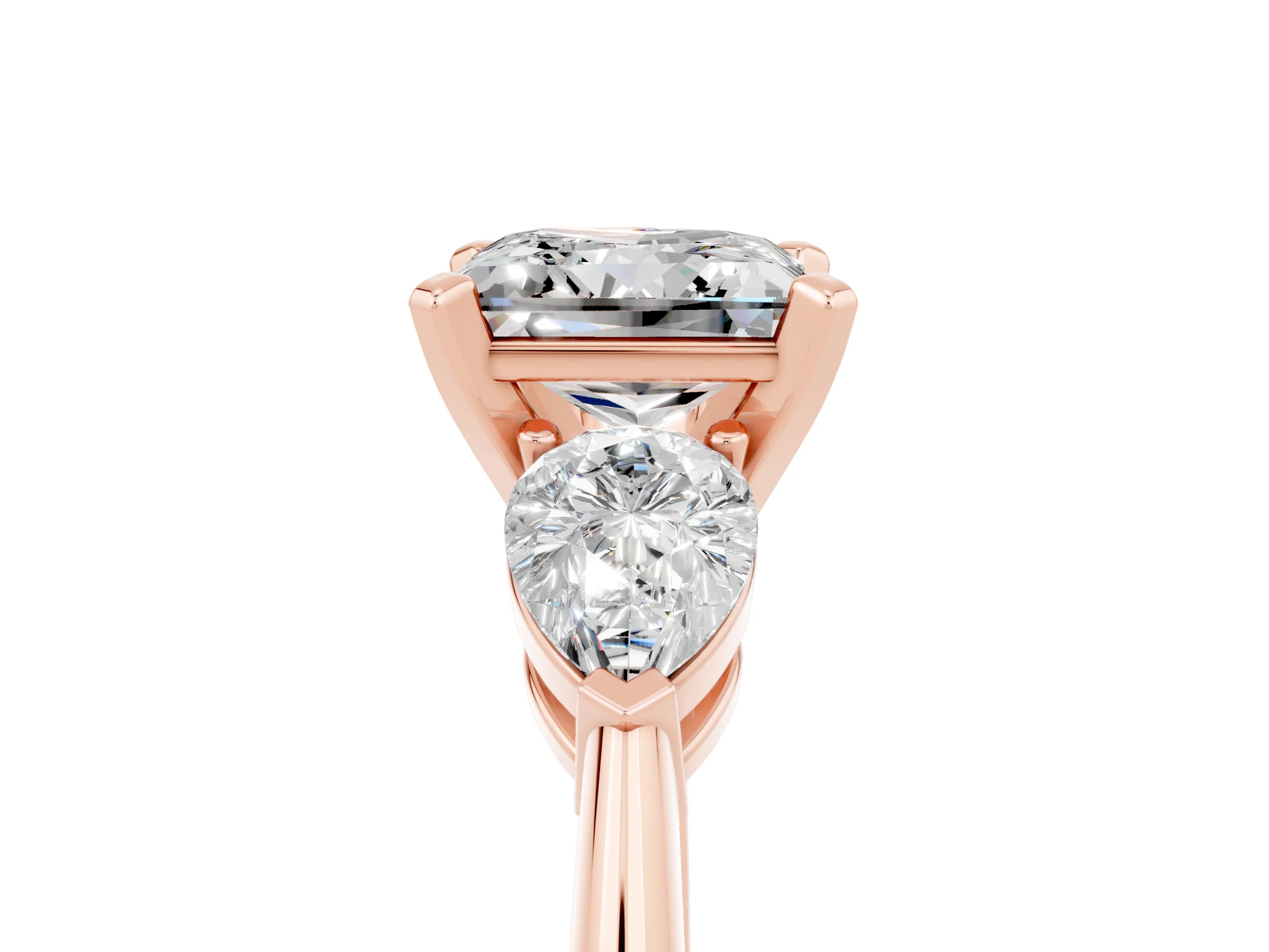 Rose gold Three-Stone Princess Cut Moissanite Ring with Pear Side Stones and Four-Prong Setting_5