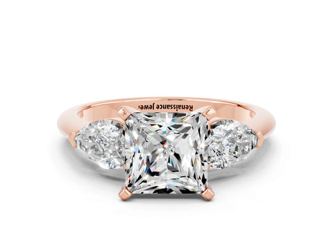 Rose gold Three-Stone Princess Cut Moissanite Ring with Pear Side Stones and Four-Prong Setting