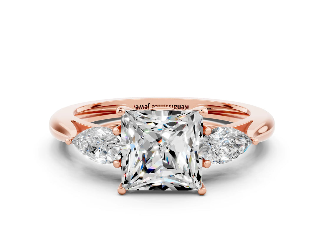Rose gold Three-Stone Princess Cut Moissanite Ring with Pear  Side Stones in Four-Prong Setting_12
