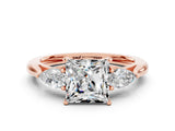 Rose gold Three-Stone Princess Cut Moissanite Ring with Pear  Side Stones in Four-Prong Setting_12