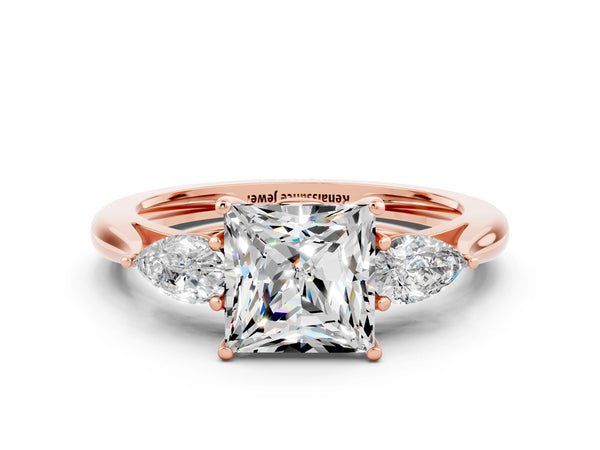 Rose gold Three-Stone Princess Cut Moissanite Ring with Pear  Side Stones in Four-Prong Setting