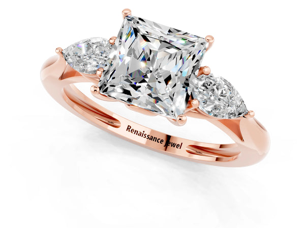 Rose gold Three-Stone Princess Cut Moissanite Ring with Pear  Side Stones in Four-Prong Setting