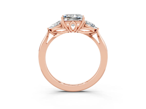 Rose gold Three-Stone Princess Cut Moissanite Ring with Pear  Side Stones in Four-Prong Setting