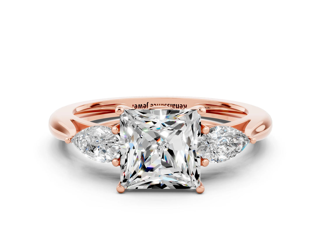 Rose gold Three-Stone Princess Cut Moissanite Ring with Pear  Side Stones in Four-Prong Setting_36