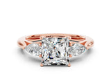 Rose gold Three-Stone Princess Cut Moissanite Ring with Pear  Side Stones in Four-Prong Setting_36