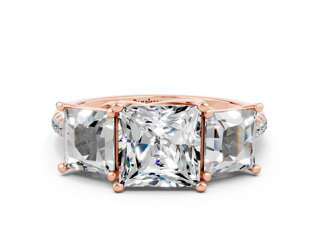 Rose gold Three-Stone Princess Cut Moissanite Ring with Round  Pavé Band and Prong Setting_12